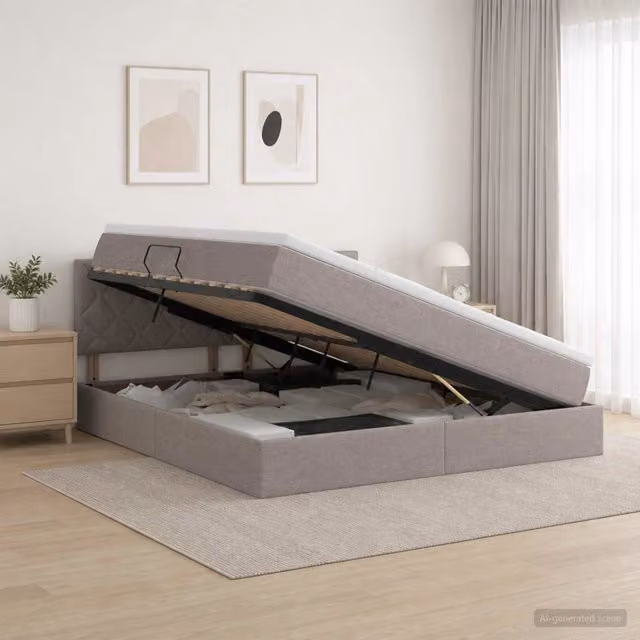 Letto con contenitore e materasso vidaXL in velluto beige e grigio L/P/H: 160 x 200 x 204 cm