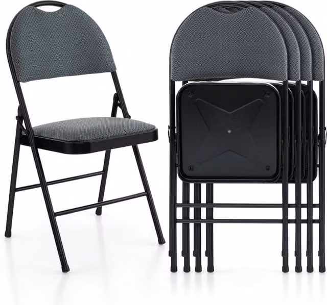 Set di 4 sedie pieghevoli moderne con seduta imbottita in tessuto e struttura in metallo, Grigio, L: 46 cm, P: 47 cm, H: 88,5 cm