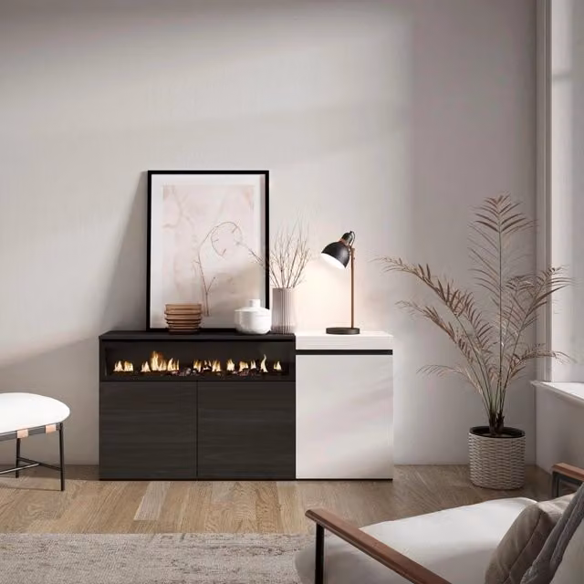 Credenza, Mobile, 150x35x75cm, 3 Porte, Camino elettrico, Bianco e nero RF2502