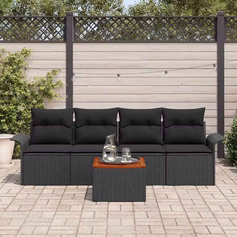 Set Divano da Giardino vidaXL 5 Pezzi Nero con Cuscini e Contenitore per Archiviazione in Polyrattan e Acciaio
