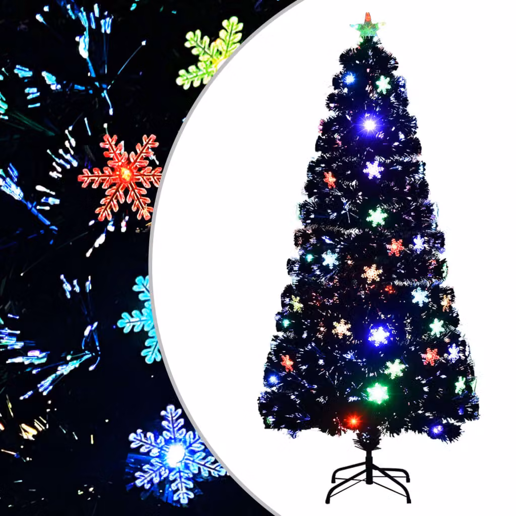 The Living Store Albero di Natale con fiocchi di neve a LED nero 150 cm in fibra ottica