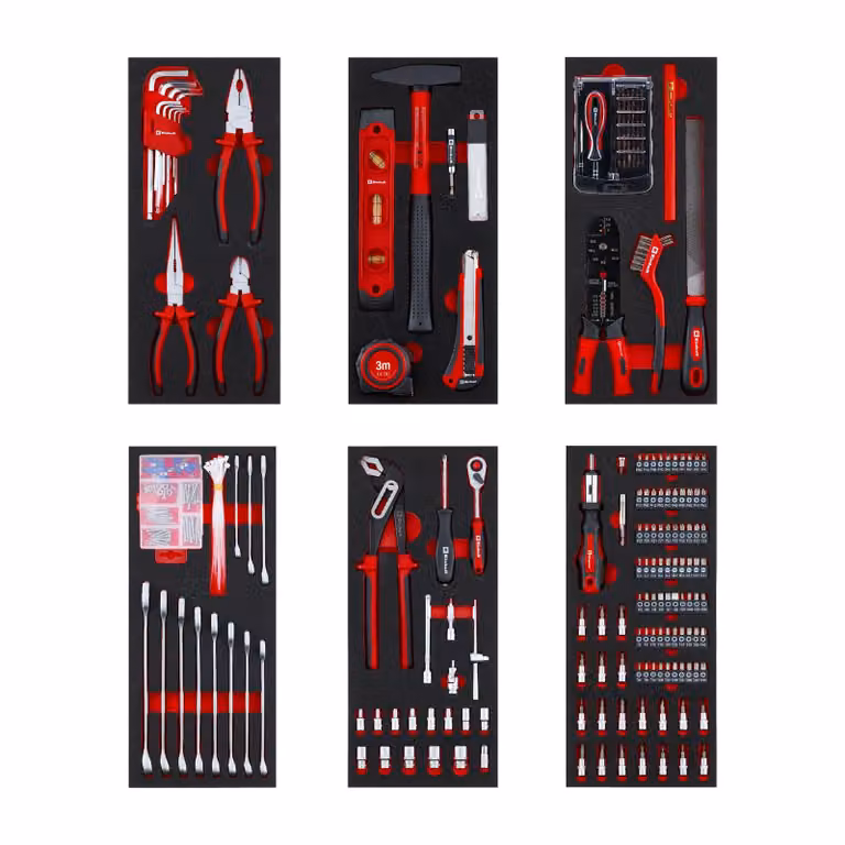 Set di utensili originale Einhell da 6 scomparti per carrello da officina – 299 pezzi, inclusi inserti di precisione e speciali, pinze, viti, chiavi a bussola, livella, martello e metro a nastro