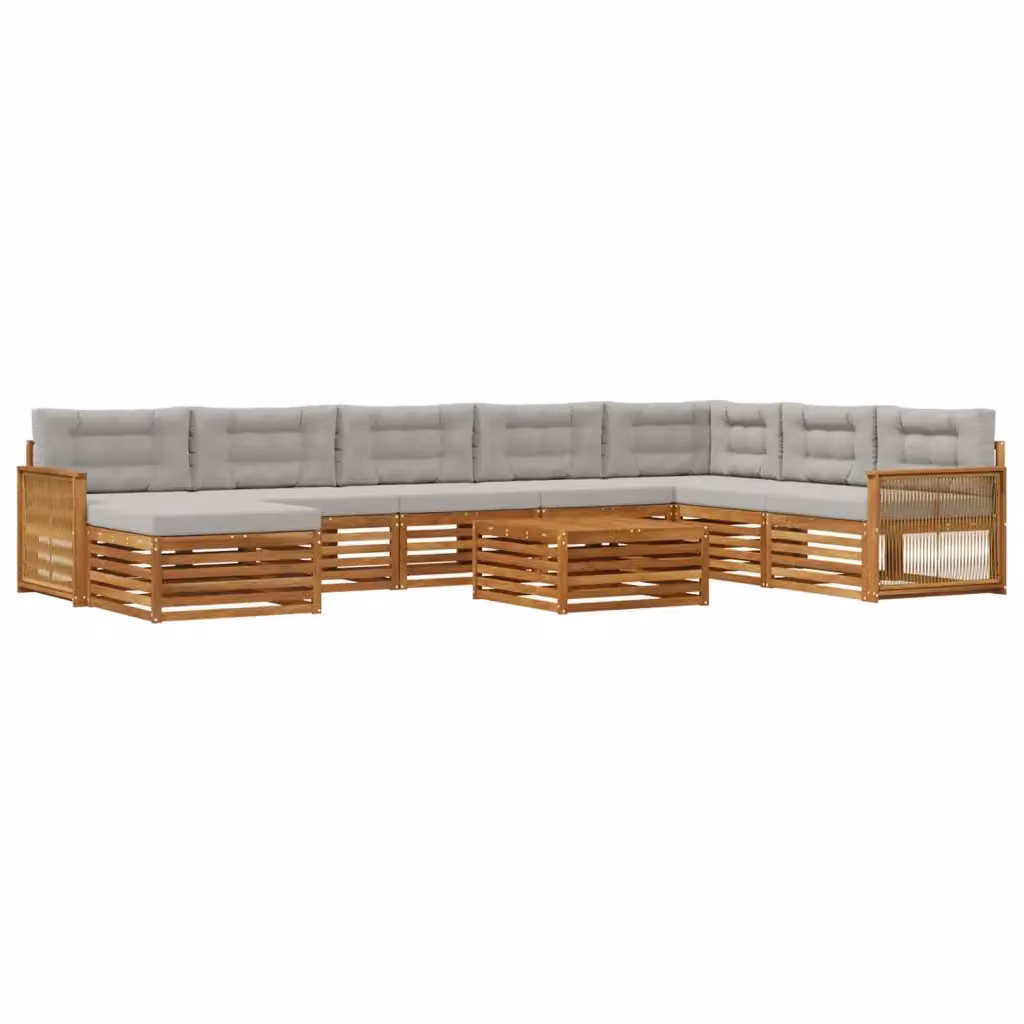 Set di divani da esterno a L vidaXL in legno di acacia oliato, colore marrone e grigio, composto da 9 pezzi con pouf e tavolino da caffè incluso – 2