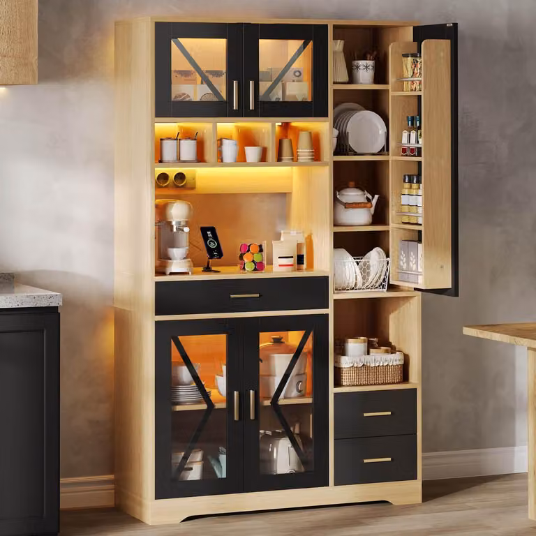 Armadio alto da cucina con illuminazione a LED e prese di corrente, mobile contenitore con porta in vetro, stile rustico, dimensioni 185x40x105 cm, colore nero