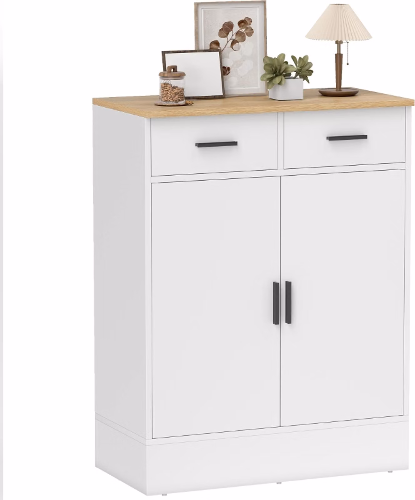 Credenza con vano portaoggetti, cassettiera con 2 cassetti, ripiano regolabile, per cucina, soggiorno, corridoio, legno naturale, bianco,