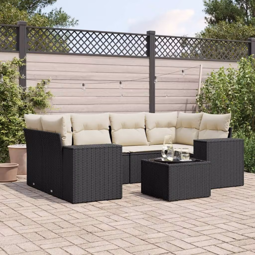 vidaXL Set Divano da Giardino a L con 7 Pezzi, Colore Nero e Bianco, con Cuscini e Tavolino da Esterno in Metallo e Polyrattan – 1