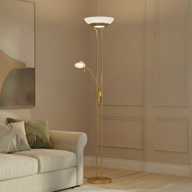 Lampada da terra con luce lettura Yveta Lindby, dimmerabile, Ottone / Oro, Soggiorno / Sala da pranzo, Metallo, Moderno, Lampada LED da terra