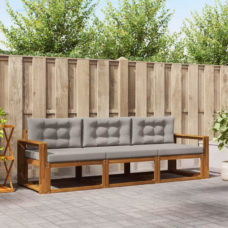 Set di divani da esterno 3 pezzi vidaXL in legno di acacia con cuscini, Grigio e Marrone