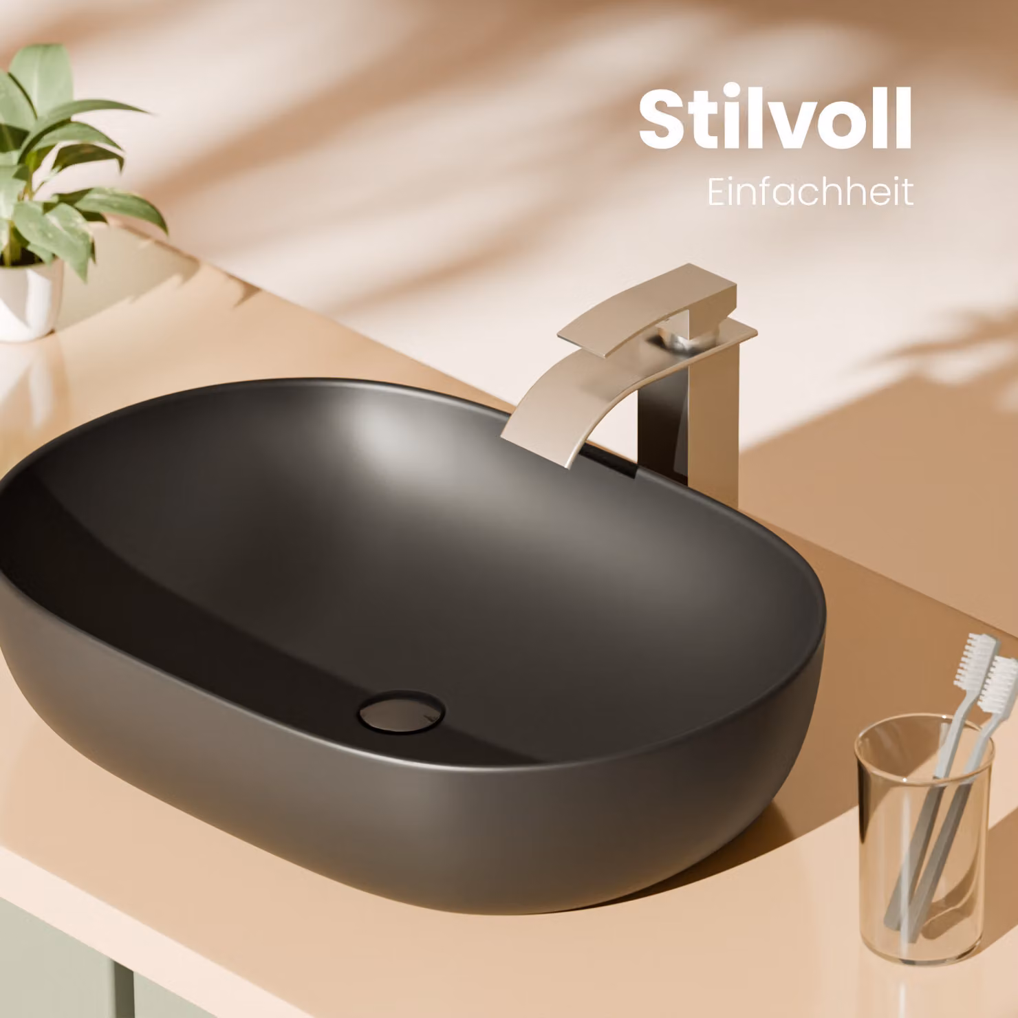 EMKE lavabo in Vetroceramica lavabo ovale da appoggio nero opaco senza foro per rubinetto 60 x 41,5 x 13,5 cm