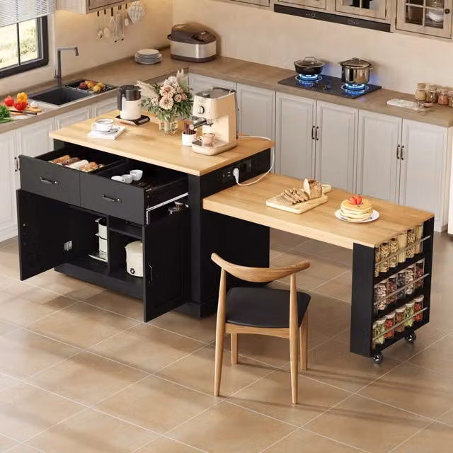Desviae Carrello da cucina con tavolo estraibile prese e USB ripiani regolabili 2 ante 2 cassetti 7 ruote nero
