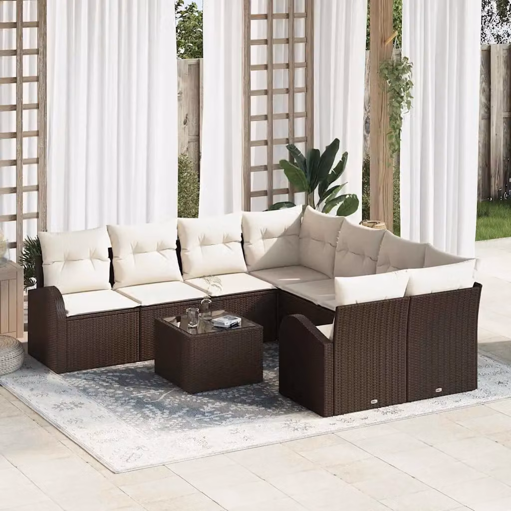 Set di divani da giardino vidaXL a forma di L composto da 9 pezzi con cuscini, colore marrone e beige – 1
