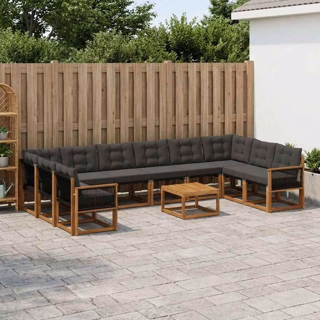 vidaXL Set di divani da esterno a L in legno di acacia con cuscini, 11 pezzi, Marrone e Nero