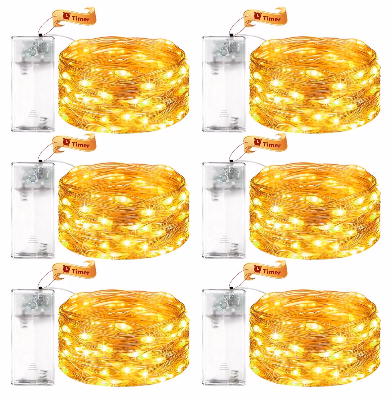 Set di 6 catene luminose a LED, lunghezza 3 metri, 30 LED, luce bianco caldo, con timer