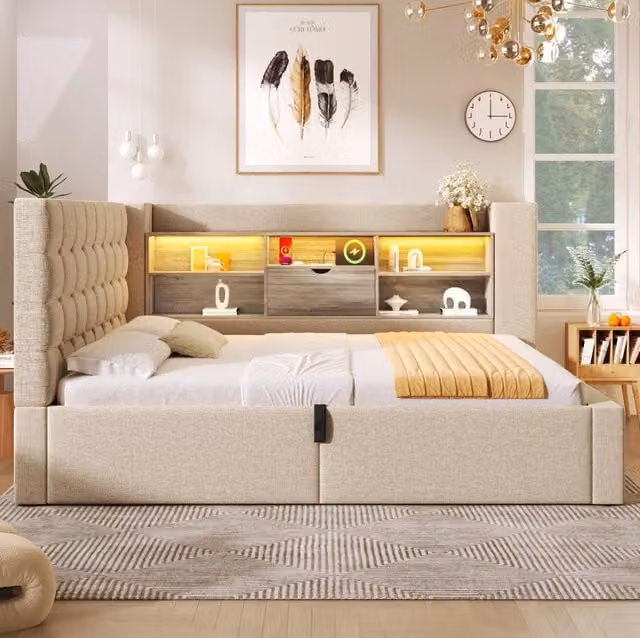 Letto matrimoniale MODFU con contenitore a sollevamento, illuminazione LED sottostante, porta USB e mensola laterale, beige, L/P: 140 x 190 cm