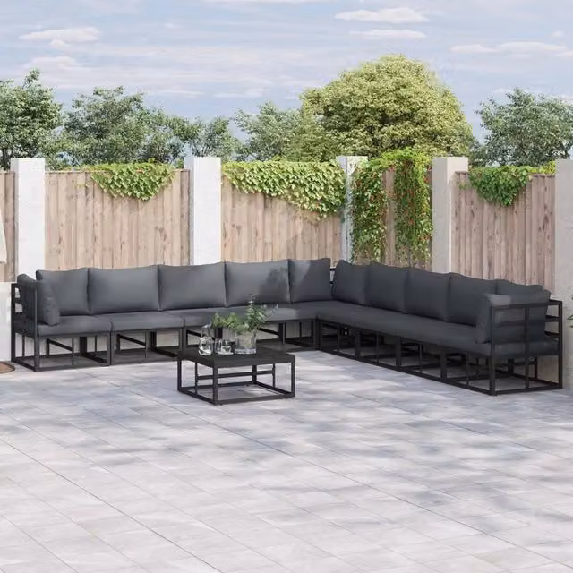 Set Divano da Giardino Moderno vidaXL in Alluminio Verniciato a Polvere con Cuscini Antracite e Nero, 9 Pezzi