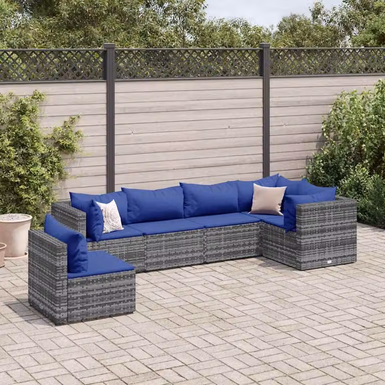 vidaXL Set Divani da Giardino a L 6 pz con Cuscini in Polyrattan e Struttura in Acciaio, Grigio e Blu