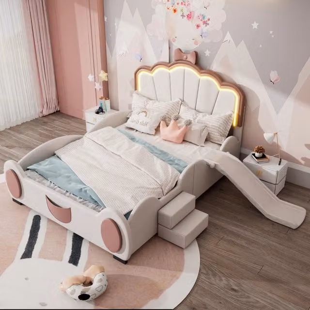 Letto per bambini 140×200 cm con scivolo, scala, LED multicolore e design a farfalla, senza materasso, rosa e bianco