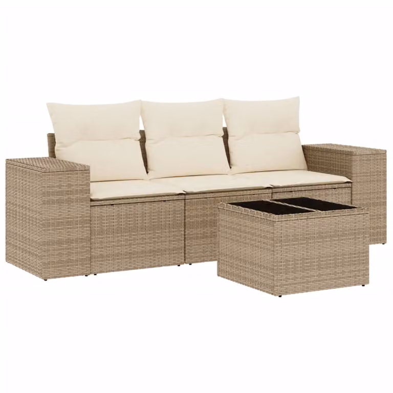 Set Divano da Giardino 4 pz con Cuscini Beige in Polyrattan