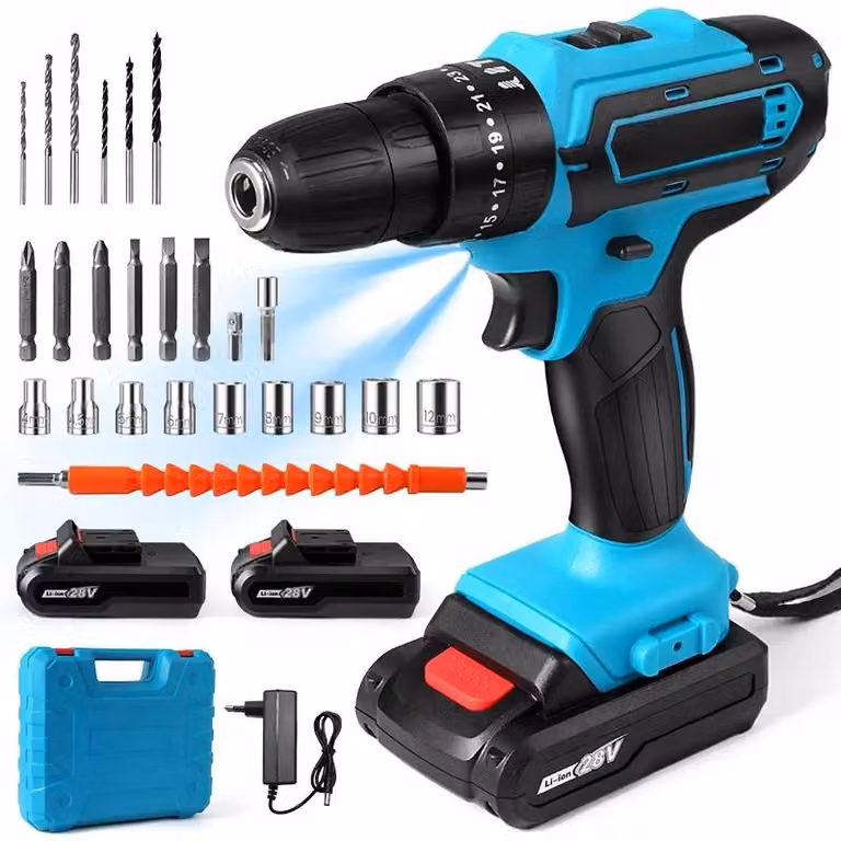 Set di trapano avvitatore a batteria - Avvitatore a impulsi - 48 Nm - 1350 giri/min - 2 batterie - Luce di lavoro - Modello F