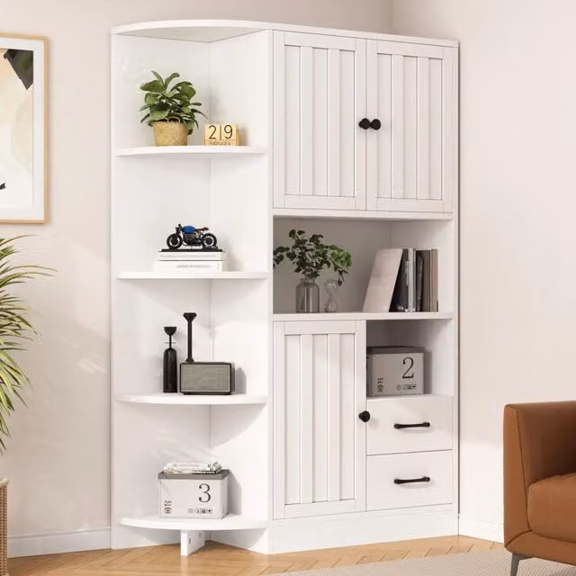 Mobile angolare ULEVR 104x35x155 cm con 3 ante, 2 cassetti e 6 vani aperti, bianco