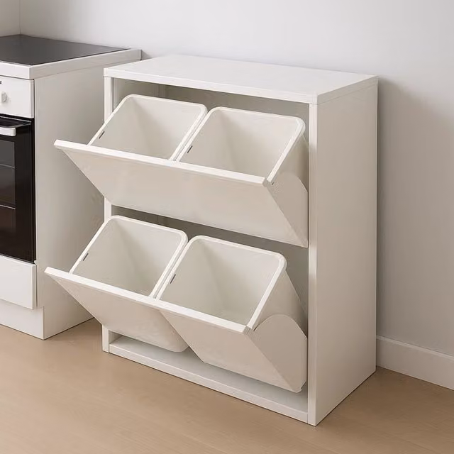 Pattumiera a muro DMORA con coperchio a ribalta, capacità 72 litri, colore bianco, L: 60 cm, P: 25 cm, H: 93 cm