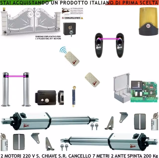 Kit Apricancello Cancello 7 MT 2 Ante da 3,5 Metri 2 Motori Elettromeccanici 230 V Stelo Retrattile Sblocco Spinta 250 Kg Centrale 2 Paline 2 Radiocomandi Fotocellule Faro Selettore Serratura Paletto