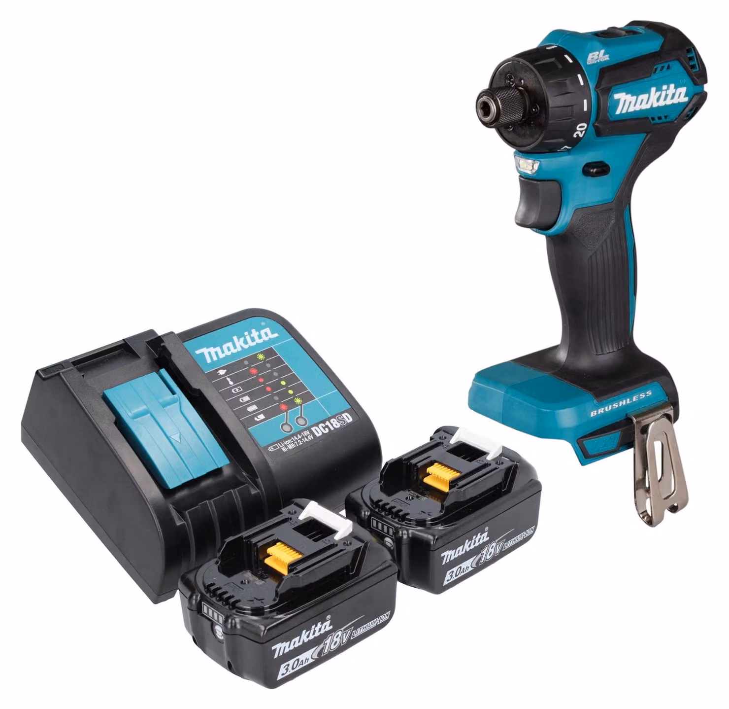 Trapano a batteria Makita DDF 083 SF 18 V 40 Nm 1/4'' brushless + 2x batteria ricaricabile 3,0 Ah + caricabatterie