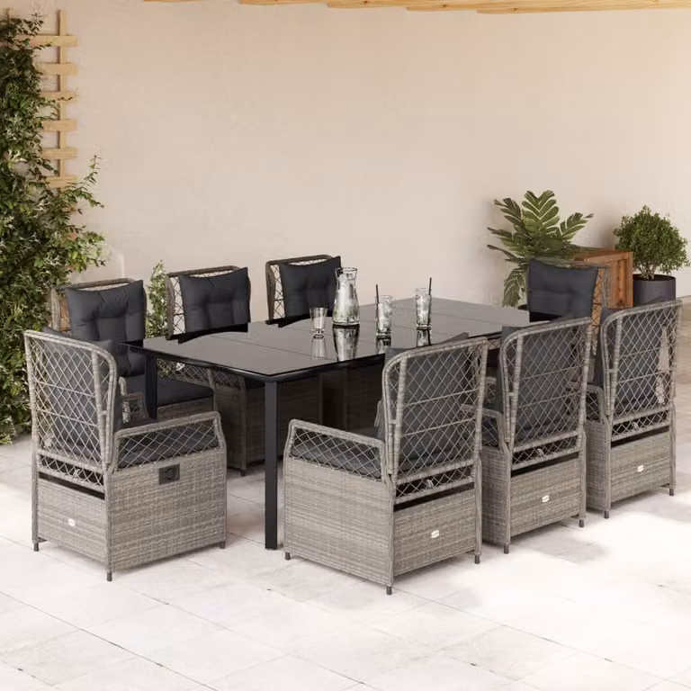 Set Pranzo da Giardino vidaXL in Polyrattan con Piano in Vetro e 9 Cuscini Grigio Chiaro