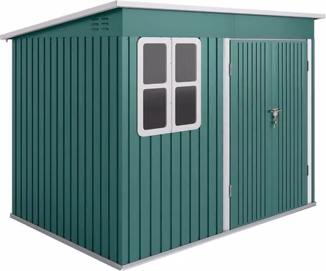 Casetta da giardino in metallo 260 x 177 x 190 cm verde con finestra e ampia porta
