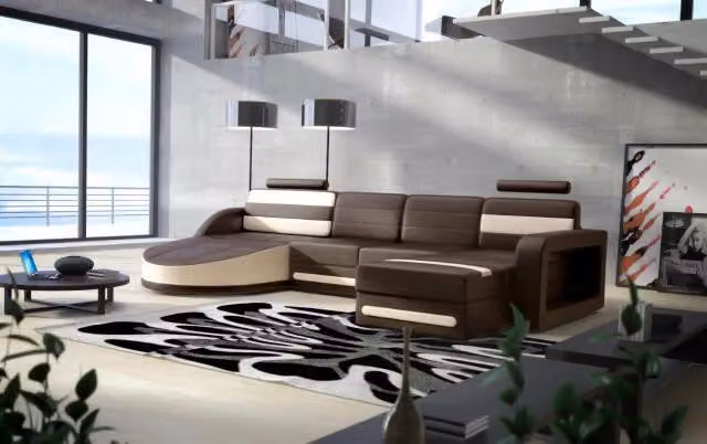 WOHNLANDSCHAFT LEDERSOFA XXL ECKSOFA + USB GARNITUR DESIGN ECKCOUCH Braun