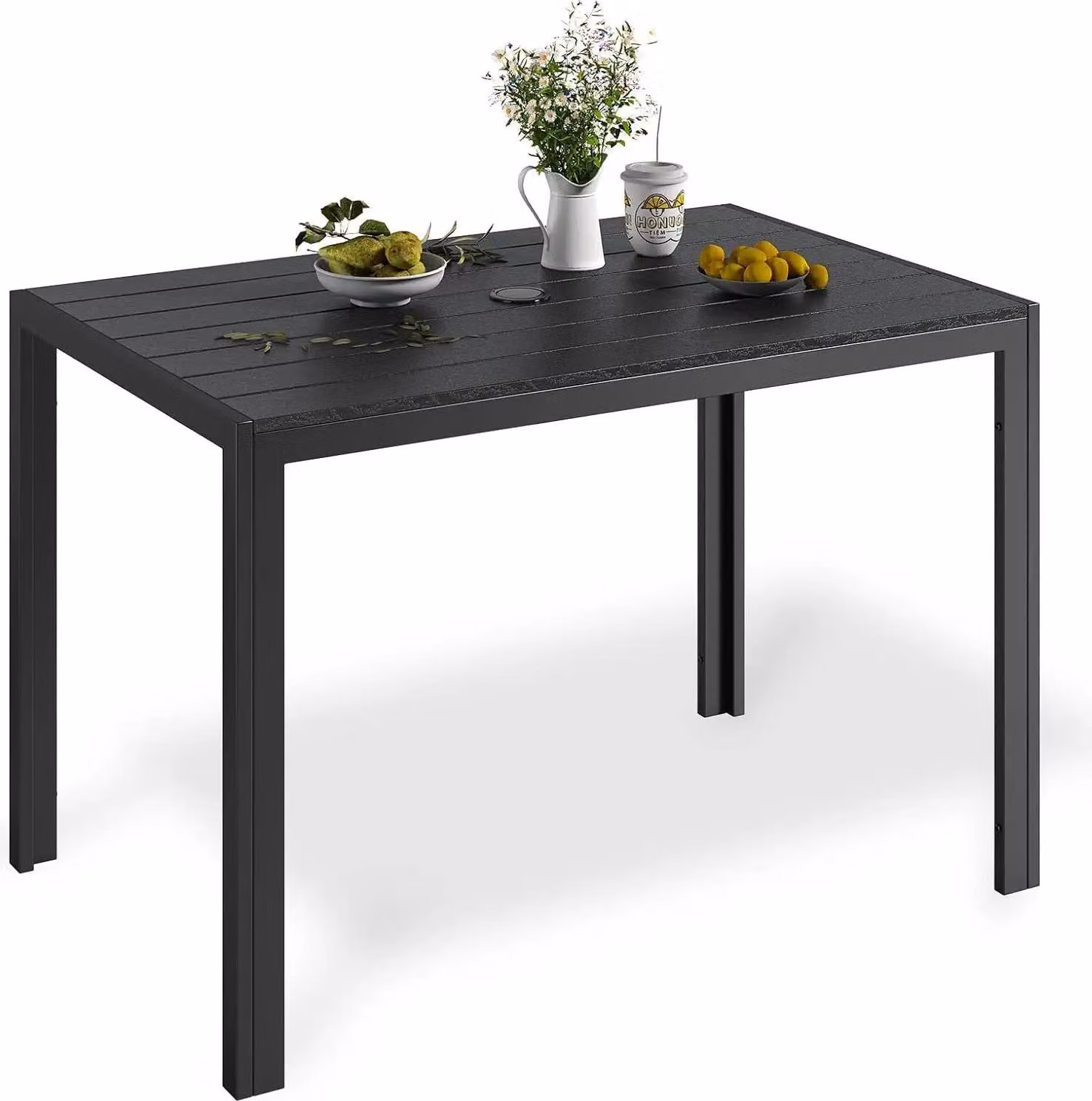 Tavolo da giardino - Tavolo da pranzo per esterni - Con foro per ombrellone - Struttura in alluminio - Piano in WPC - Resistente agli agenti atmosferici - 110×70×73 cm - Per 6 persone - Nero
