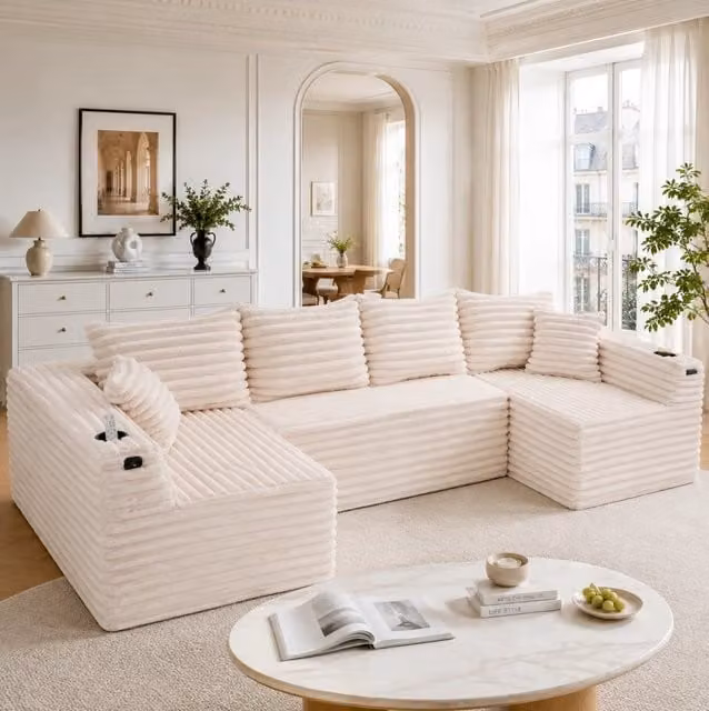 Divano modulare a U MODFU in velluto a coste beige con portabicchieri e cuscini coordinati L: 320 cm, P: 155 cm, H: 88 cm