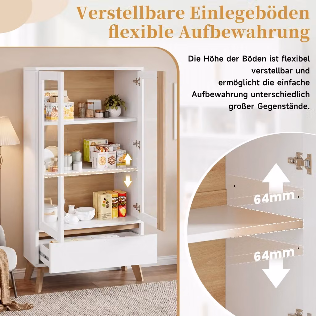 Armadio Dispensa REDOM Bianco in Legno con Ante in Vetro e Ripiani Interni L/P/H: 80 x 40 x 150 cm – 2