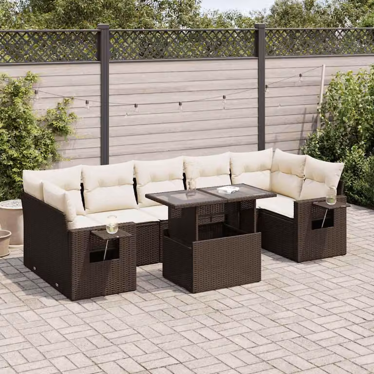 Set Divani da Giardino vidaXL 8 pz in Polyrattan Marrone con Cuscini e Tavolino da Esterno a Forma di U