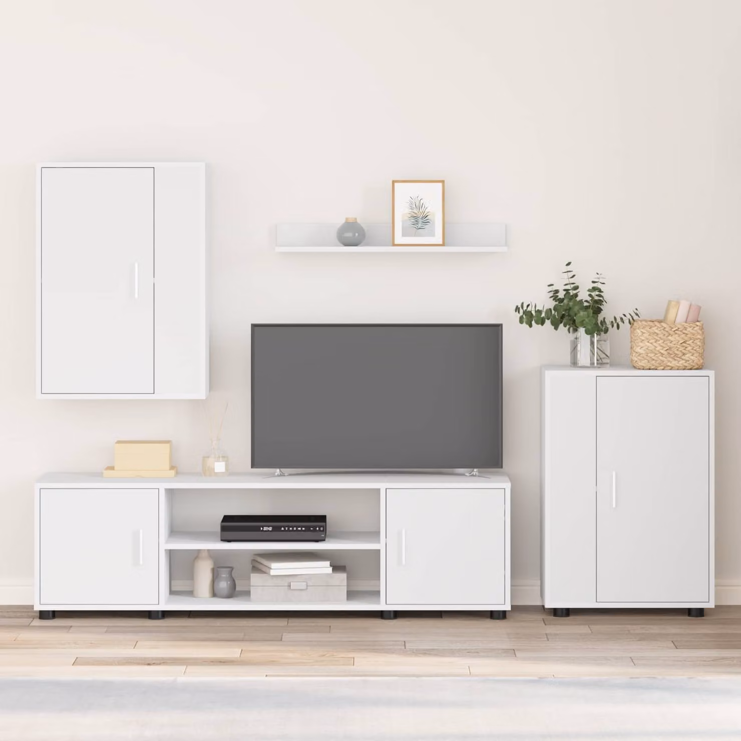 Set mobile TV da parete vidaXL moderno in bianco e legno con scomparti multimediali