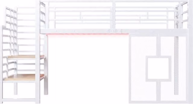 Letto a soppalco bianco 90x200 cm in metallo e MDF con scala contenitore, LED e finestra