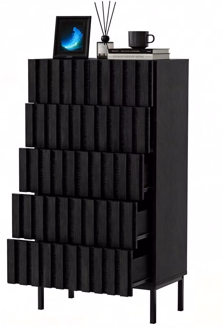Comodino con 5 cassetti, dimensioni 60x34x110 cm, colore nero