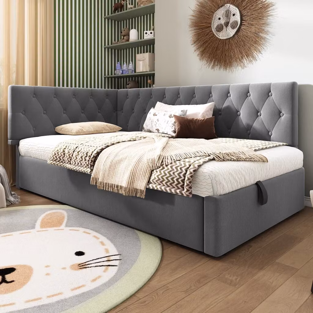 Letto contenitore singolo Chicfurn in velluto grigio con base lift up e struttura in metallo L/P/H: 90 x 190 x 37,04 cm – 2