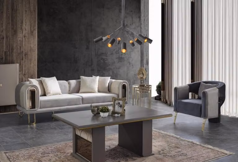 Couchgarnitur Dreisitzer Hochwertig Sessel Blau Couch Polstersofa Stoffsofa