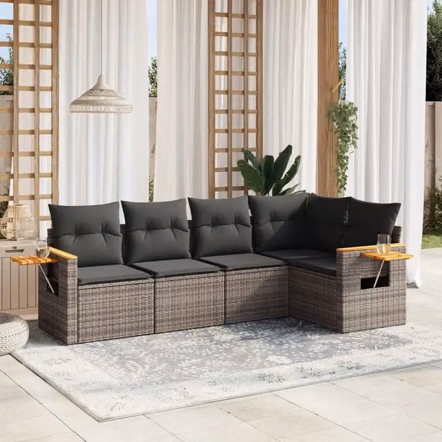 Set Divano da Giardino a L VIDAXL in Polyrattan Grigio con 5 Cuscini Moderno – 1