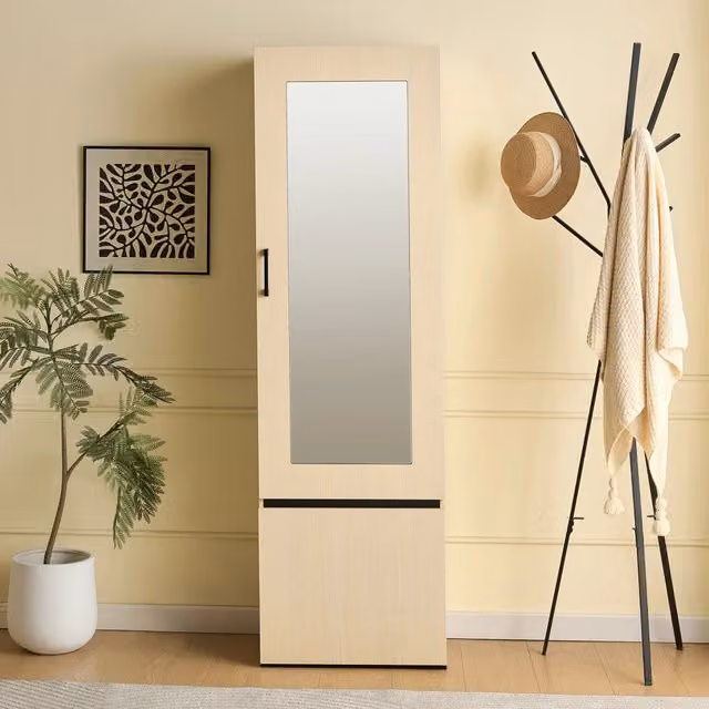 Armadio guardaroba moderno REDOM con specchio, ripiani interni e appendiabiti in MDF e metallo, L: 54 cm, P: 34,5 cm, H: 179,5 cm