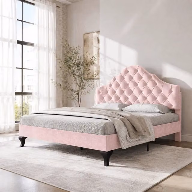 Letto matrimoniale imbottito 140 × 200 cm in velluto rosa con rete a doghe testiera regolabile e piedi da 20 cm