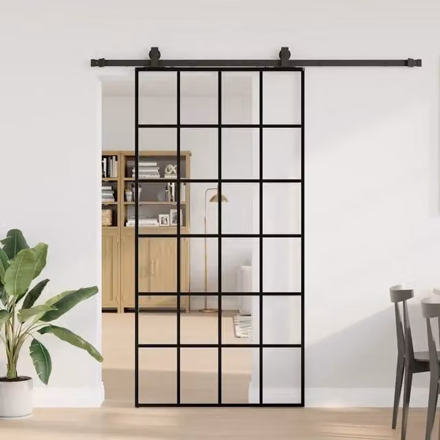 Porta Scorrevole Moderna vidaXL in Vetro Trasparente con Telaio in Alluminio e Ferramenta Nera L: 102 cm, H: 205 cm