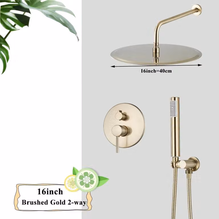 Sistema doccia da incasso - Miscelatore doccia da parete - Doccia a pioggia a 2 getti con soffione manuale - Testina rotonda in ottone da 40 cm - Finitura oro spazzolato