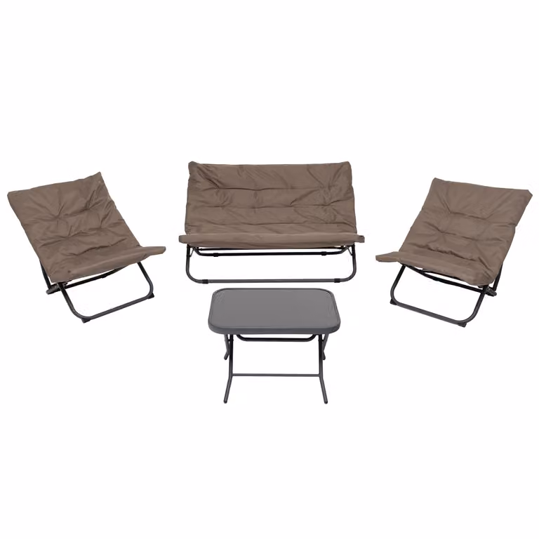Vestiamo Casa Giardino Set da giardino moderno 4 pezzi con struttura in acciaio antracite, divano a 2 posti, poltrone lounge, tavolino con top in vetro e cuscini beige