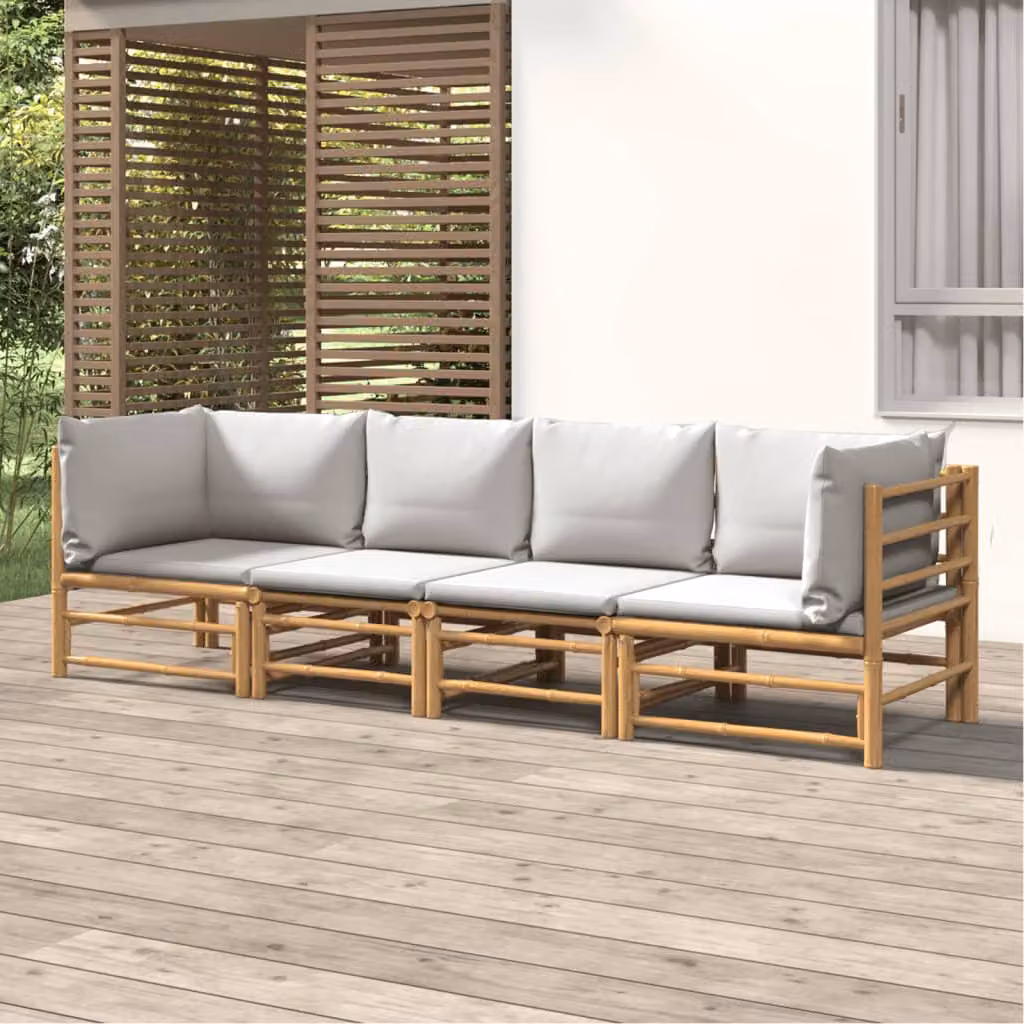 Set Salotto da Giardino vidaXL in Bambu con Cuscini Grigio Chiaro e Marrone