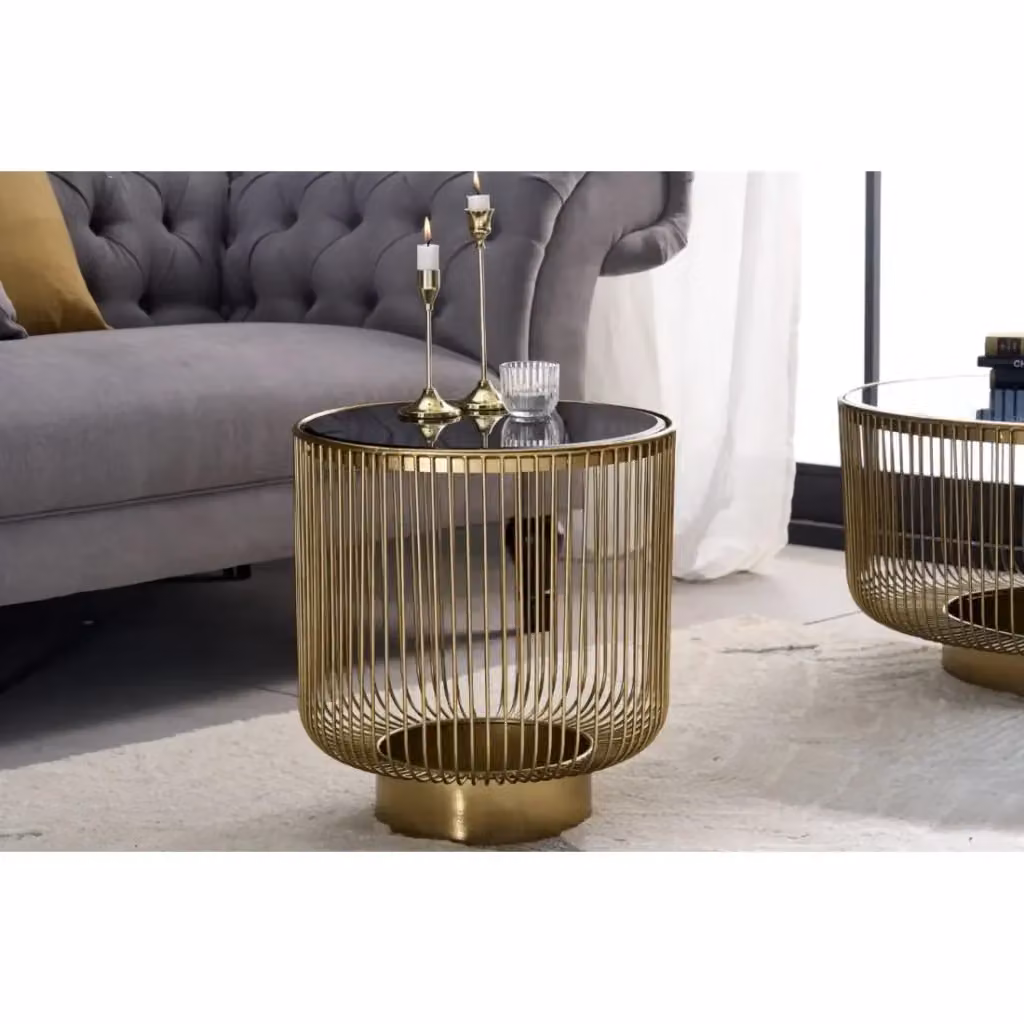 Tavolino rotondo MEUBLORAMA con piano in vetro nero e struttura dorata, Diametro: 41 cm, Altezza: 46 cm – 2