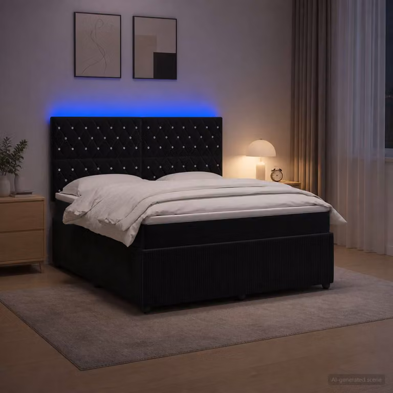 Letto Box Spring vidaXL in Velluto Nero con Materasso Ibrido e Illuminazione LED, L: 140 cm, P: 190 cm