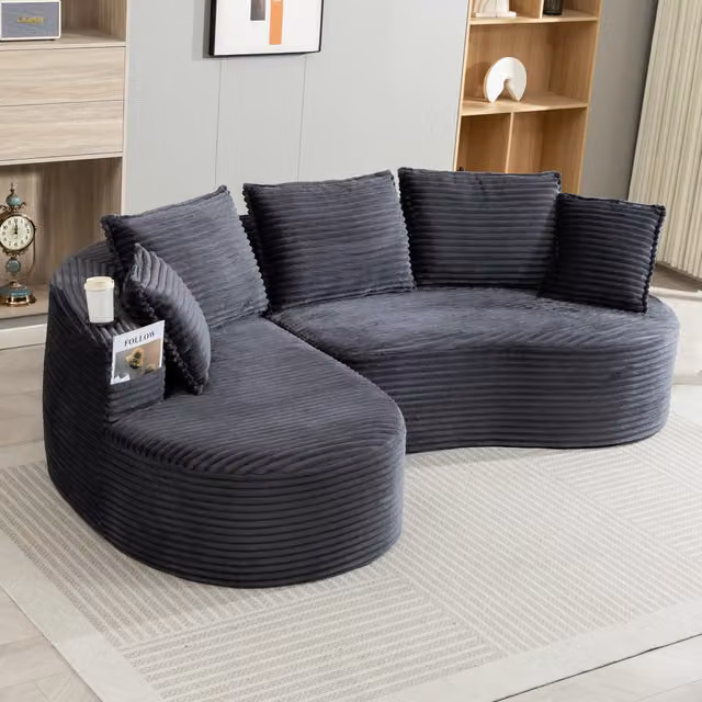 Divano angolare curvo WISHDOR in velluto a coste grigio con portabicchieri e cuscini inclusi L/P/H: 250 x 152 x 82 cm