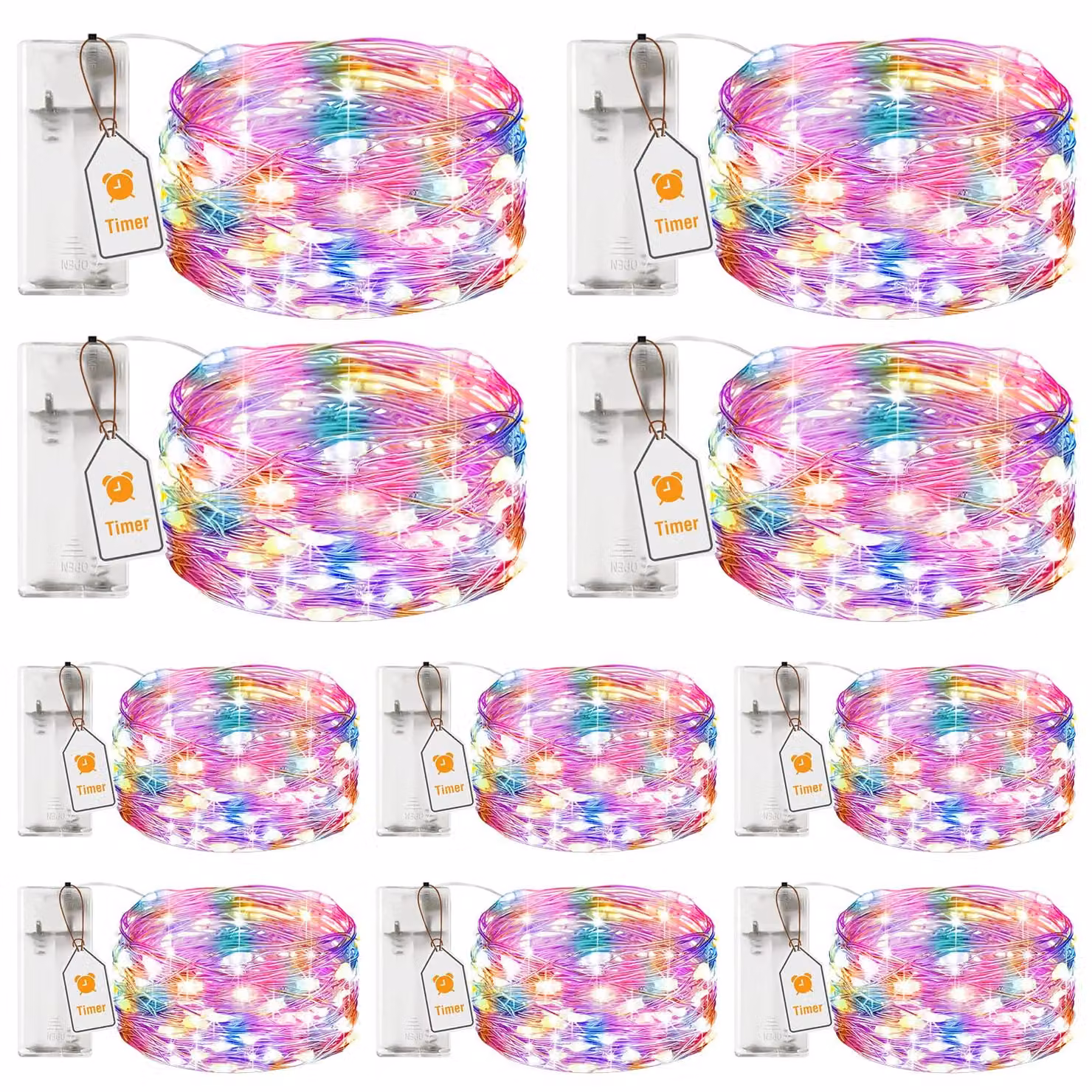 Catena luminosa a LED, set da 10, lunghezza 2 metri, 20 LED, con timer, alimentazione a batteria